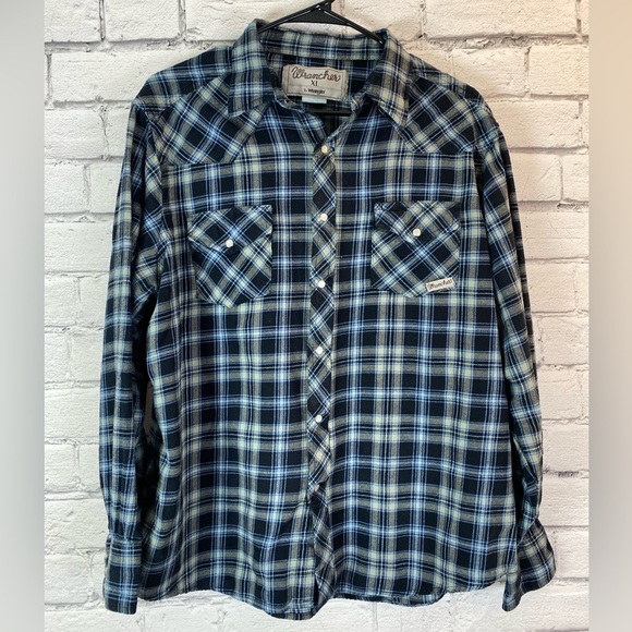 Wrangler Wrancher Vintage Blue Plaid Flannel Shirt w/ Pearl Snap Buttons size XL - Picture 6 of 10